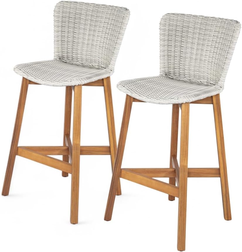 Saiveina Lymington Outdoor Bar Stool, Teak Finished Wood with Light Grey Wicker, Set of 2