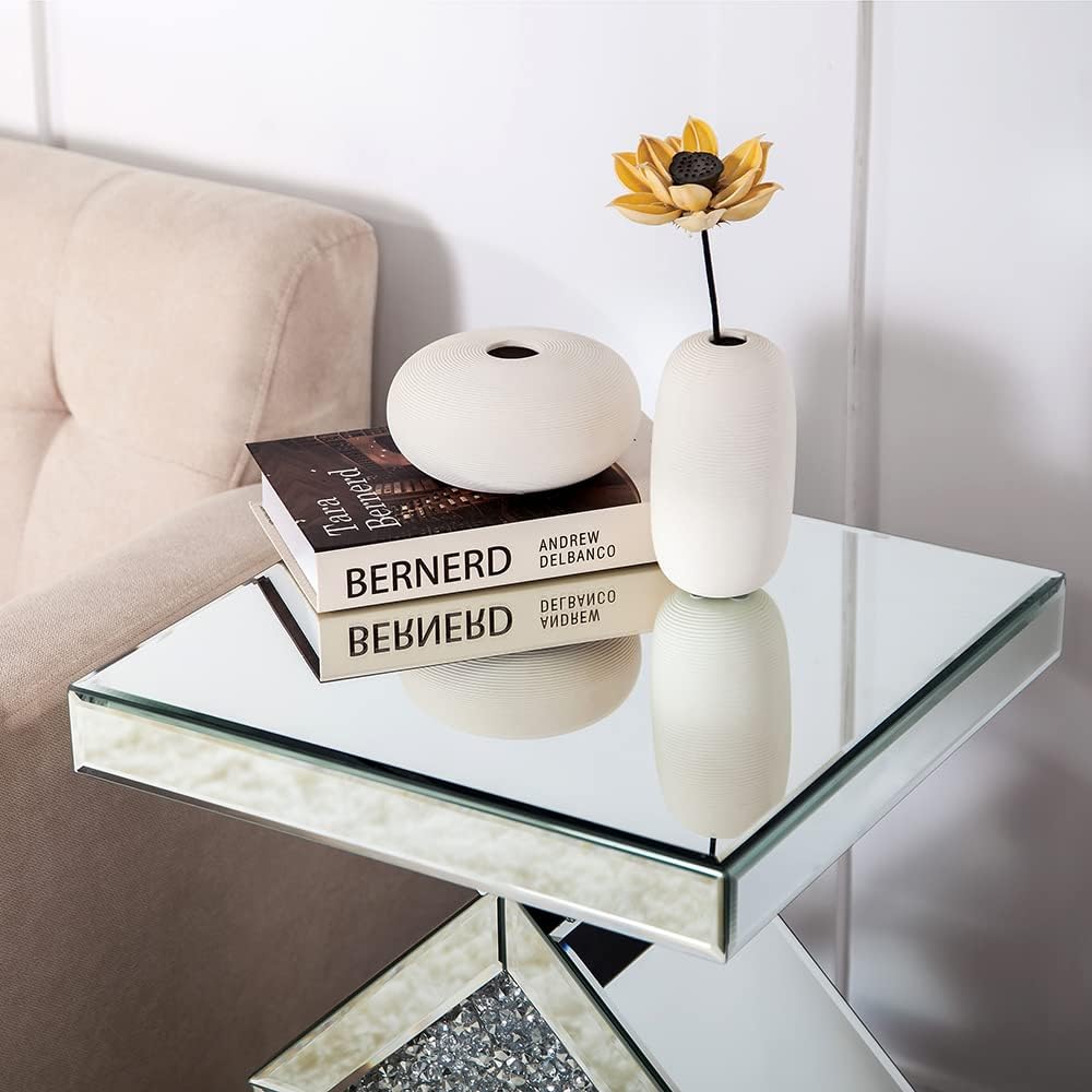 SHYFOY Glass End Tables Living Room, Glam Square Mirrored Side Table with Crushed Fax Diamond Inlay, HD Mirror Pedestal Stand, 24in Height Silver Small Accent Table for Living Room, Fully Assembled