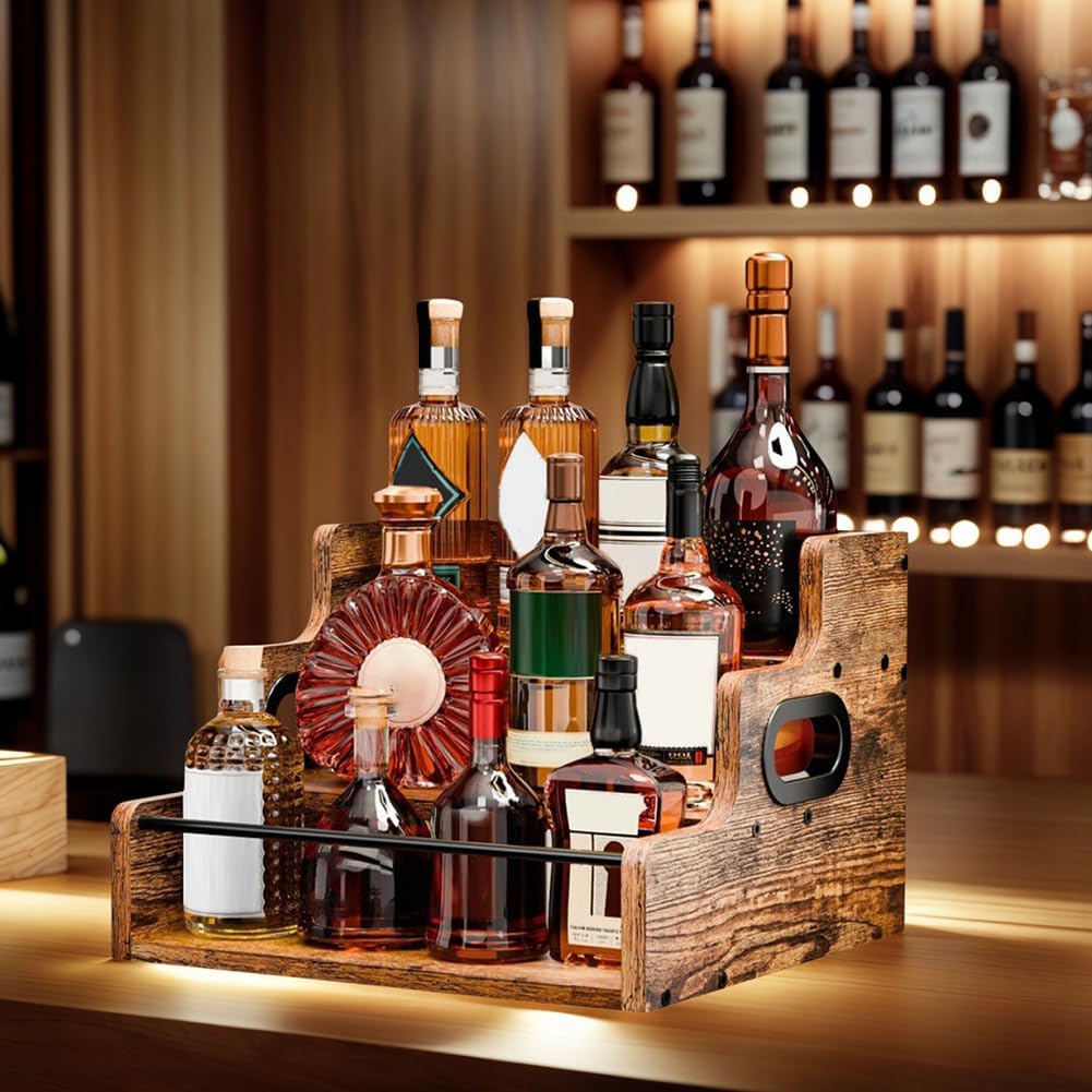 Liquor Bottle Display Shelf, Coffee Syrup Rack Organizer, 3 Step Countertop Liquor Wine Rack, mini bar,Liquor Cabinet, Home Retro Bar Shelf Stand for Liquor Whiskey,