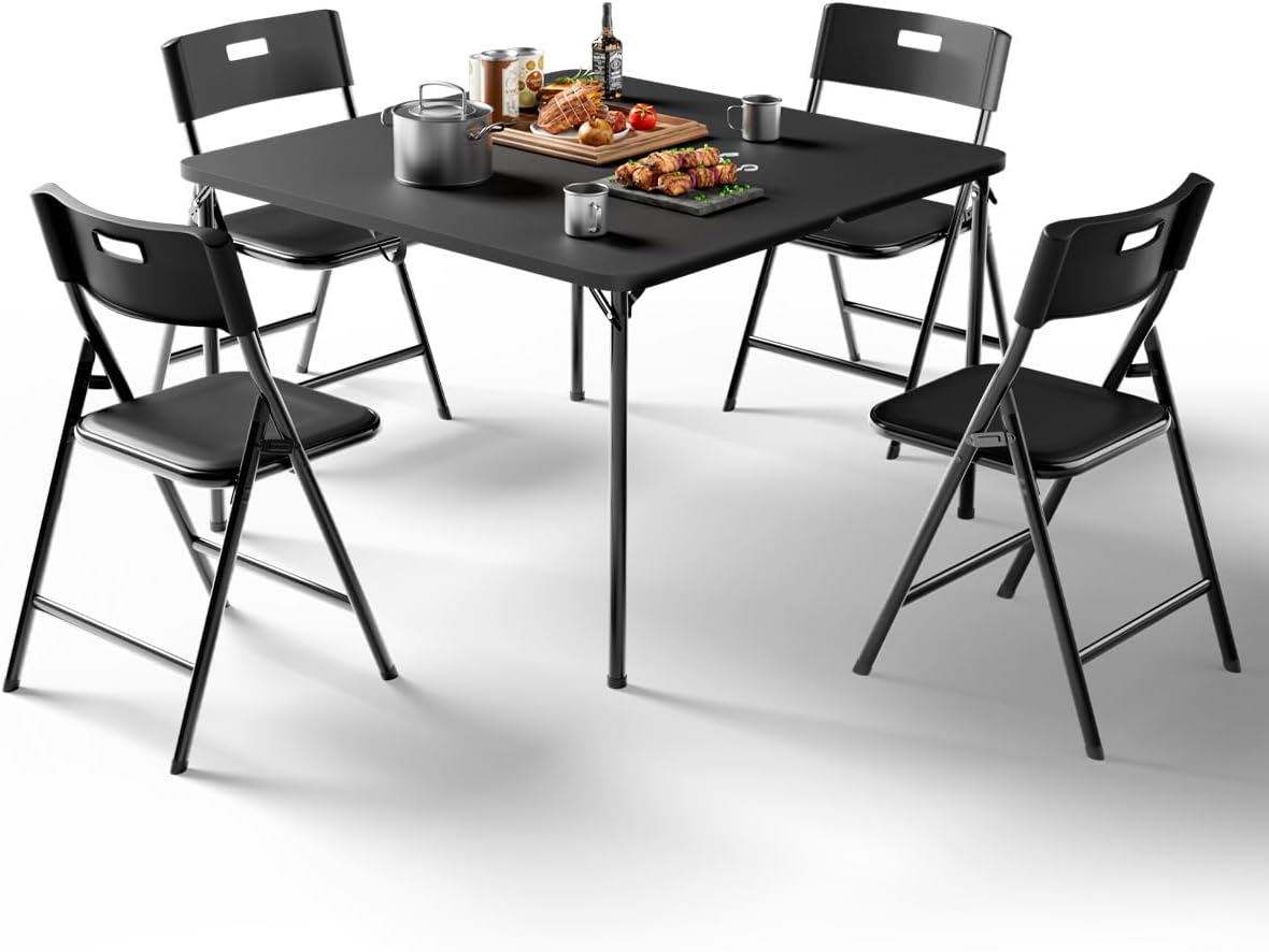 Folding Card Table and Chairs Set, 5-Piece, 34" Card Table with 4 Durable 330lbs Chairs for Card Games, Dining, Indoor & Outdoor Use, Black