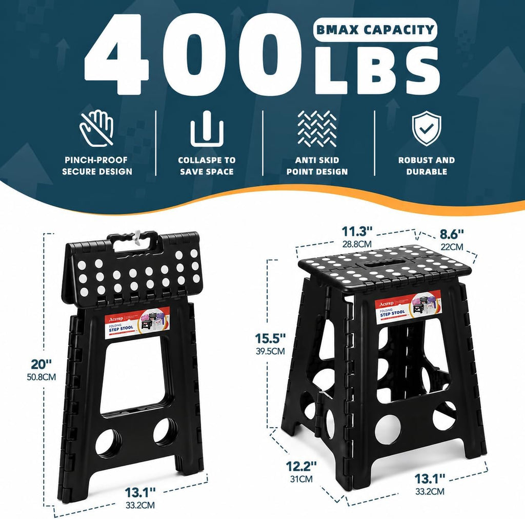 ACSTEP 16 and 13 Inch Folding Step Stool 2-Piece Set, 400/300 LB Capacity Plastic Foldable Stools with Handle, Non-Slip Step Stool, Home Use(Black & Black)