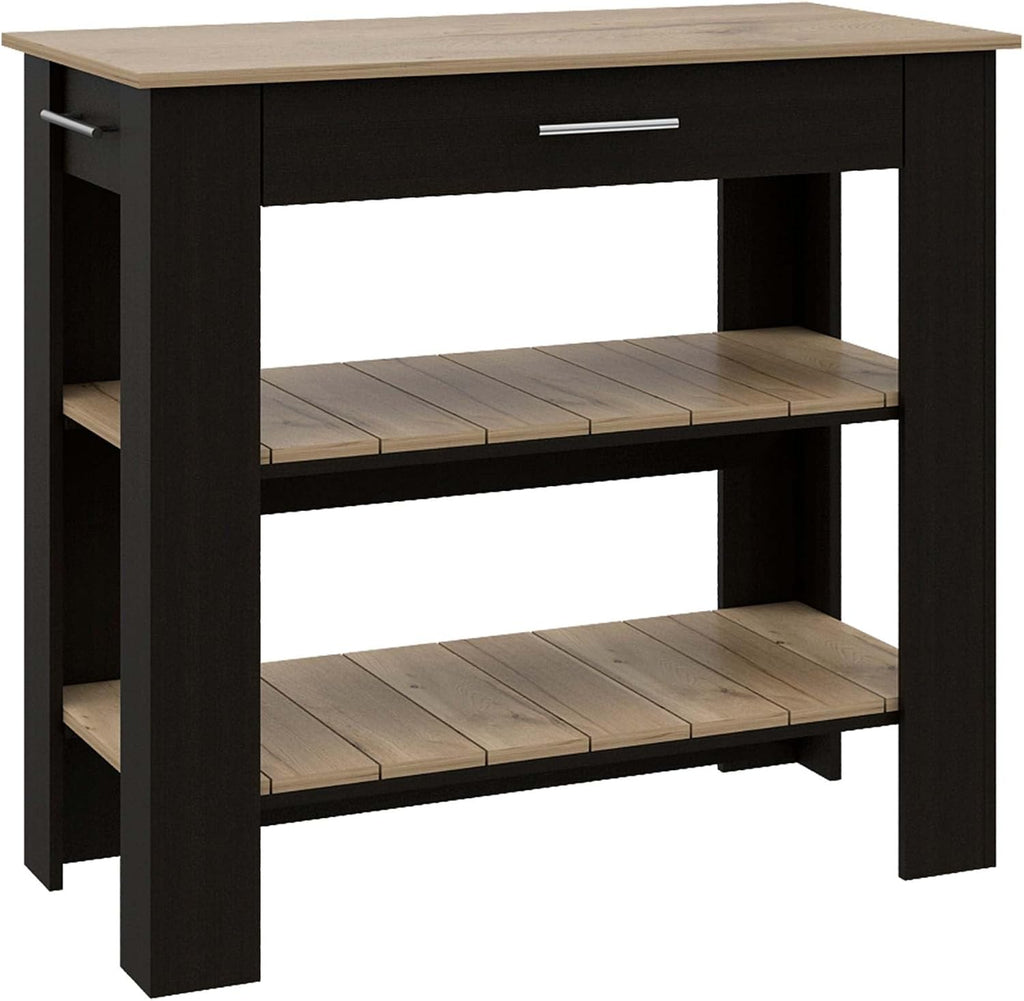 Kitchen Island with Two Shelves, One Drawer, Four Legs, Towel Hanger, Black | Combines two open shelves, one drawer, and towel hanger for storage