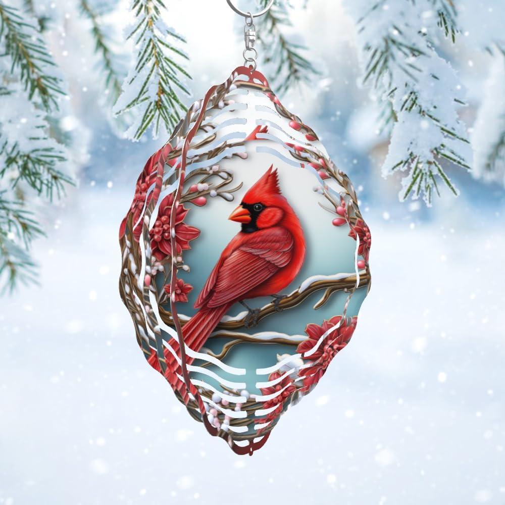 3D Cardinal Bird Wind Spinner 10 Inch Stainless Steel Metal Art Kinetic Sculpture Red Bird Hanging Ornament for Garden, Yard, Patio, and Home Décor Christmas Decor