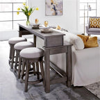 Pemberly Row 4-Piece Console Bar Table Set, Poplar Solid Wood, Knotty White Oak Veneer, Dusty Charcoal Finish, Bar-Height Table with 3 Stools, USB Ports, Rustic Style for Living Room or Small Spaces