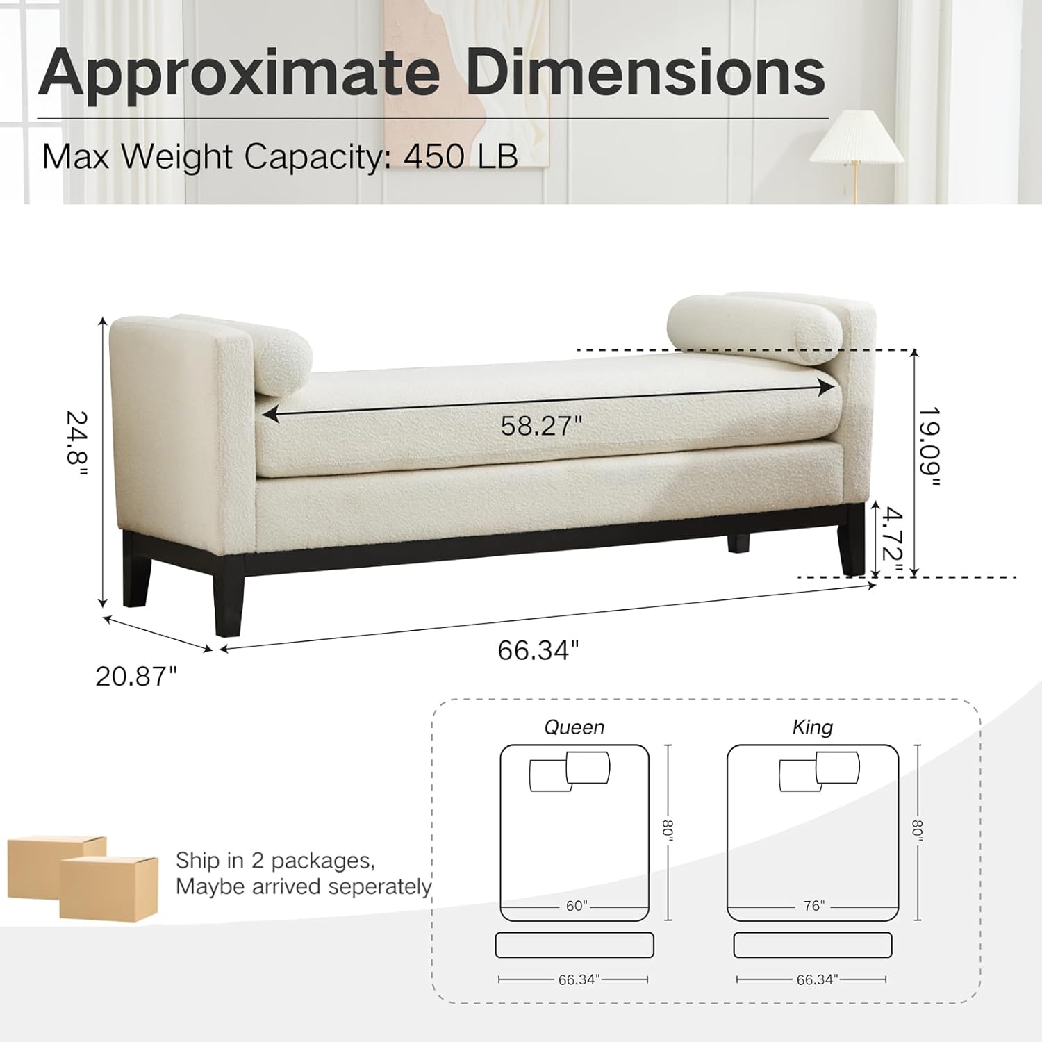 End of Bed Bench for Bedroom, 66.34'' Boucle Fabric Long King Size Bench with Black Legs for Entryway, Hallway, Cloakroom, Window Bench (White).