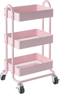Metal Rolling Cart,3-Tier Pink Rolling Cart with Wheels,Metal Utility Cart with Wheels for Office,Home,Kitchen,Garden（13.4"x18.1"x31"） Pink