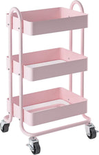 Metal Rolling Cart,3-Tier Pink Rolling Cart with Wheels,Metal Utility Cart with Wheels for Office,Home,Kitchen,Garden（13.4"x18.1"x31"） Pink