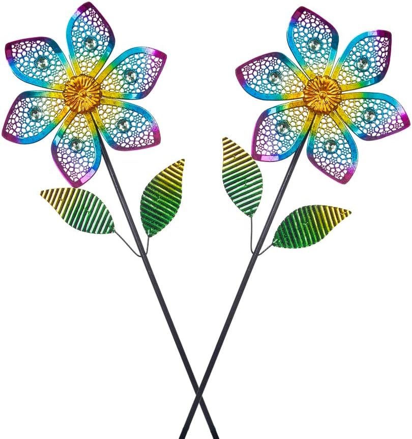 Wind Spinner with Metal Stake, Outdoor Garden Pinwheels Spinners Hollow-Out Flower Shape Design for Yard Lawn Patio Decor (2 Pack)
