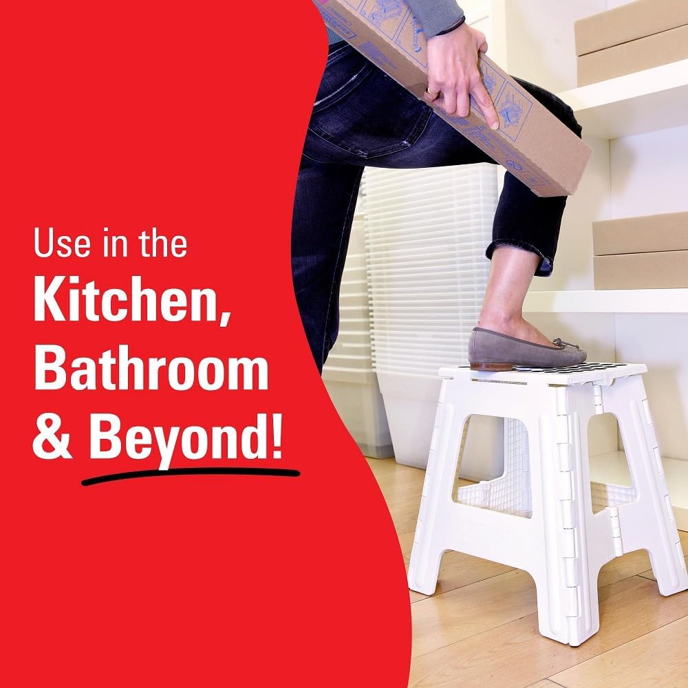 Kikkerland Rhino Foldable Step Stool – Holds Adults up to 300 Lbs, Best for Kitchen & Bathroom – Collapsible, Portable, Lightweight Stepping Stool with Sturdy, Non-Slip Design – White, 15”
