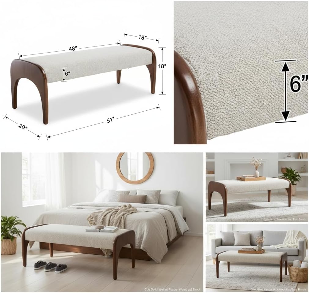 LukeAlon 51-Inch Extra Long Upholstered Bench with Cute Solid Walnut Rubber Wood Legs, Minimalist Bed End Bench for Bedroom, Living Room, Dining Table, Entryway Hallway Seat, Fur Fabric in Beige