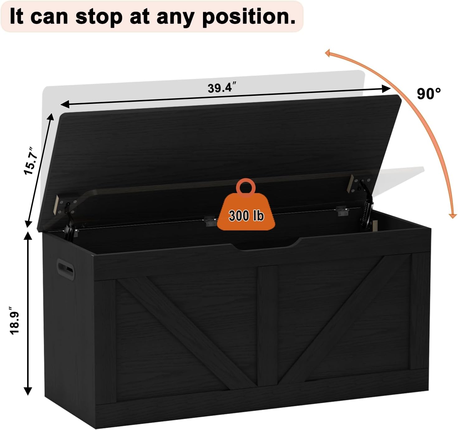 Timberer 39.4" Storage Chest, Wooden Storage Bench, Large Storage Trunk | Entryway Shoes Bench with 2 Safety Hinges, for Living Room, Bedroom, Black