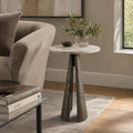 Luxury End Table, Side Table, or Night Stand for Home Decor - Metal Cone Pedestal Base with Antique Brass Marble Top for Small Spaces - Modern Glam Bedroom or Living Room Decor - 22" Bronze & Tan