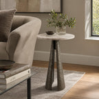 Luxury End Table, Side Table, or Night Stand for Home Decor - Metal Cone Pedestal Base with Antique Brass Marble Top for Small Spaces - Modern Glam Bedroom or Living Room Decor - 22" Bronze & Tan