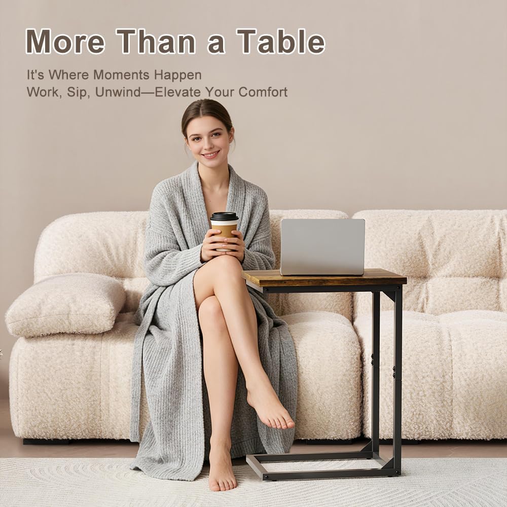 C-Shaped End Table,Small Side Tables for Sofa and Bedside，Sofa Table with Metal Frame for Sofa, Living Room, Bedroom, Office,Brown and Black