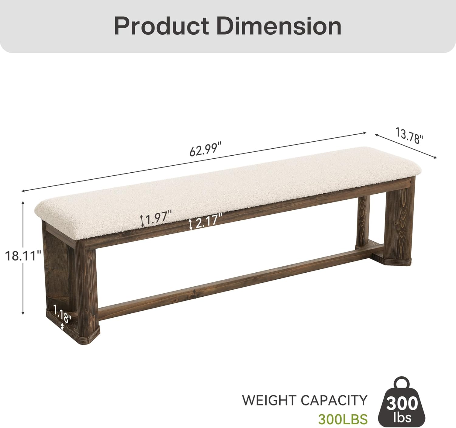LITTLE TREE 63" Upholstered Bench, Solid Wood Entryway Shoe Bench with Cushion, Long Modern Farmhouse End of Bed Bench with Antique Brown Legs & Faux Lamb Fur Seat for Bedroom, Living Room, Dining