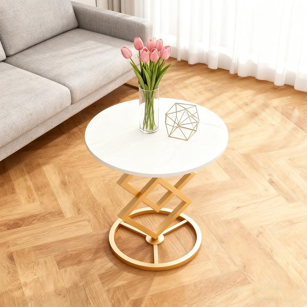 Boho Round Side Table Living Room, Luxurious Marble Desktop end Tables with Simple Aesthetic Metal Base, Modern Decor Bedside nightstand Coffee Snack Table for Bedroom Sofa Patio Balcony