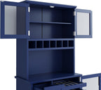 Farmhouse 35.4x17.7x74.8inch Freestanding Kitchen Pantry Cabinet with Hutch, Buffet with Wine Rack, Adjustable Shelves & Tempered Glass Doors, Tall Kitchen Storage Cabinet for Dining Room (Blue Color)