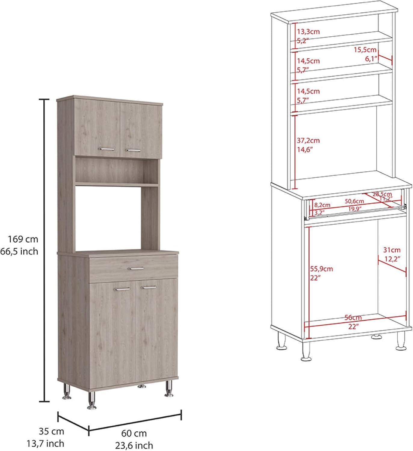 Della 60 Kitchen Pantry with Countertop, Closed & Open Storage -Light Gray