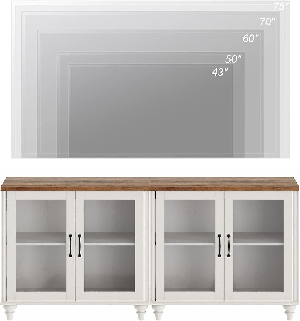 WAMPAT Farmhouse TV Stand for 75 inch TV with 4 Glass Doors, Wood TV Stand with 4 Storage Cabinets, White Entertainment Center TV Console Table for Living Room, Bedroom
