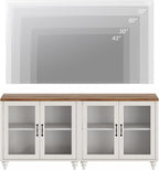 WAMPAT Farmhouse TV Stand for 75 inch TV with 4 Glass Doors, Wood TV Stand with 4 Storage Cabinets, White Entertainment Center TV Console Table for Living Room, Bedroom