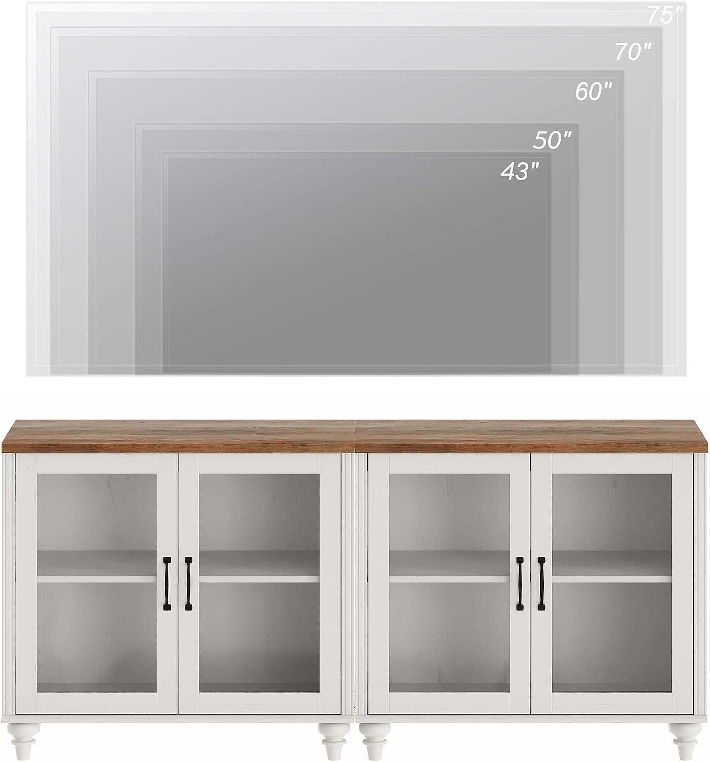 WAMPAT Farmhouse TV Stand for 75 inch TV with 4 Glass Doors, Wood TV Stand with 4 Storage Cabinets, White Entertainment Center TV Console Table for Living Room, Bedroom