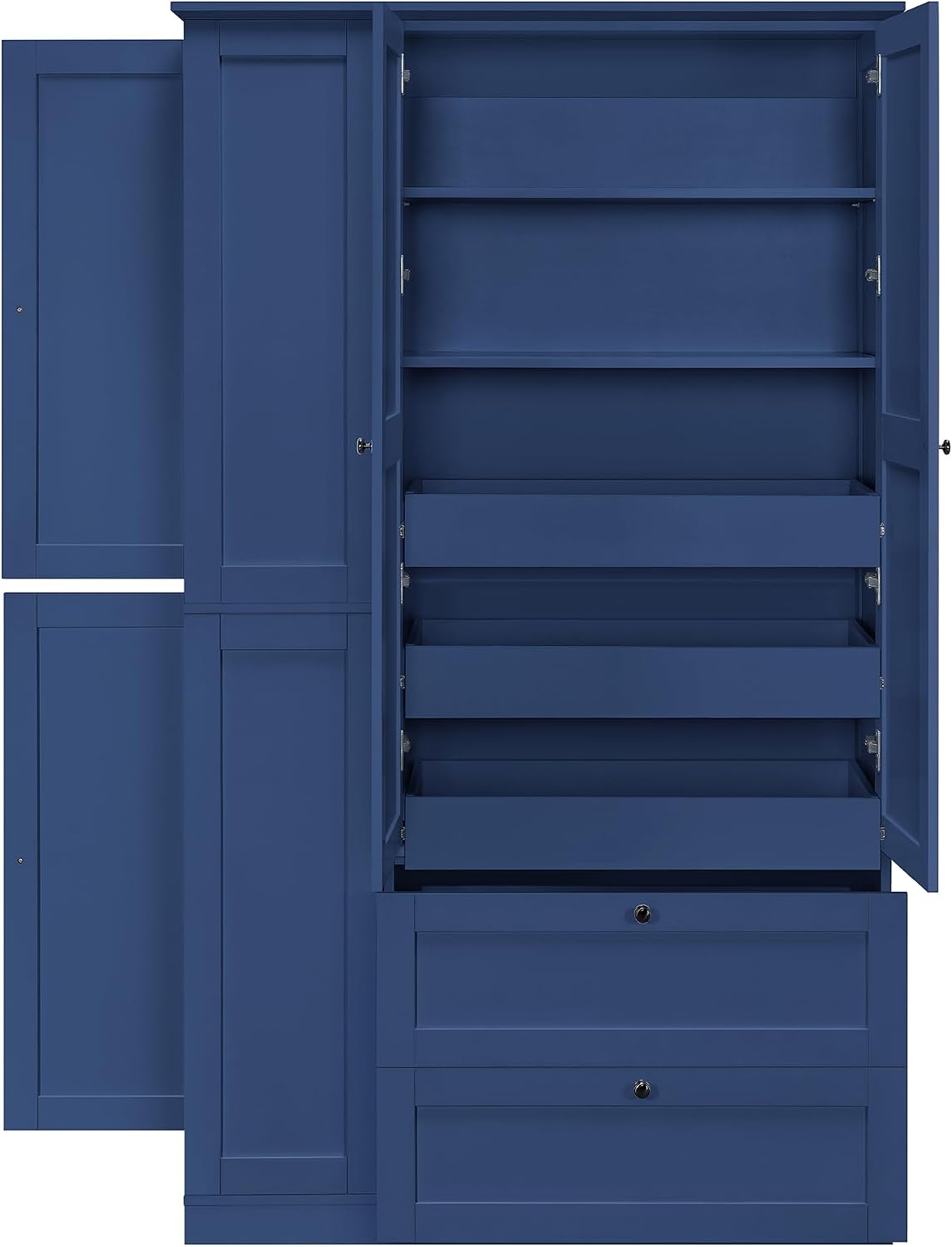 71" Tall Kitchen Pantry Storage Cabinet with 3 Pull Out Trays & 2 Large Drawers, Farmhouse Storage Cabinet Cupboard with 6 Doors and Side Cabinets, Pantry Cabinet for Kitchen, Dining Room, Blue