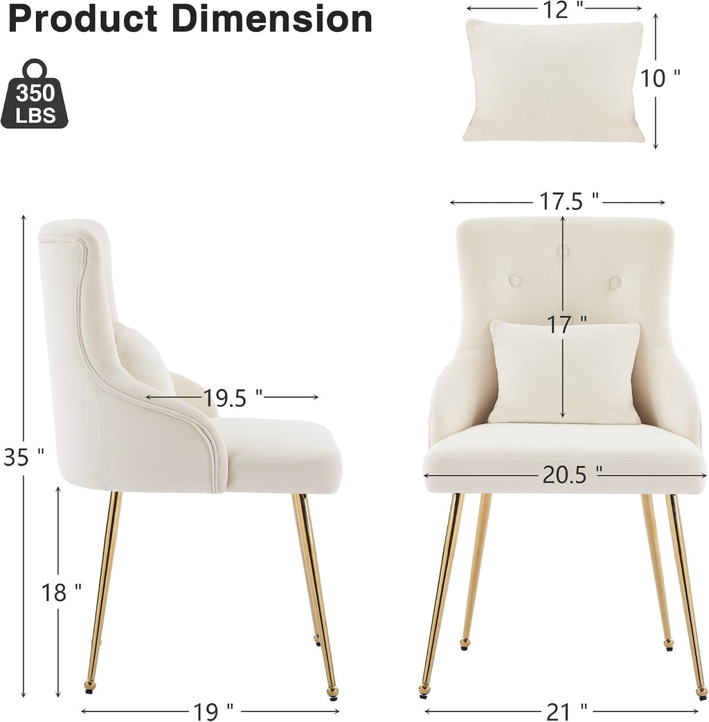 Velvet Dining Chairs Set of 2, Upholstered Velvet Accent Chairs, Kitchen Chair with Metal Legs & Lumbar Pillow for Dining/Living Room/Vanity