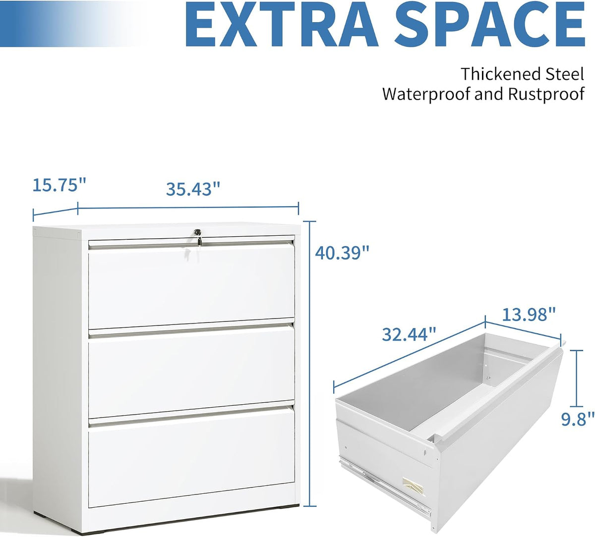 3 Drawer File Cabinet with Lock, Metal Lateral Filing Cabinets | File Cabinets for Home Office Heavy Duty Steel Horizontal Storage Cabinet for Legal/Letter/A4 Size File, Assembly Required