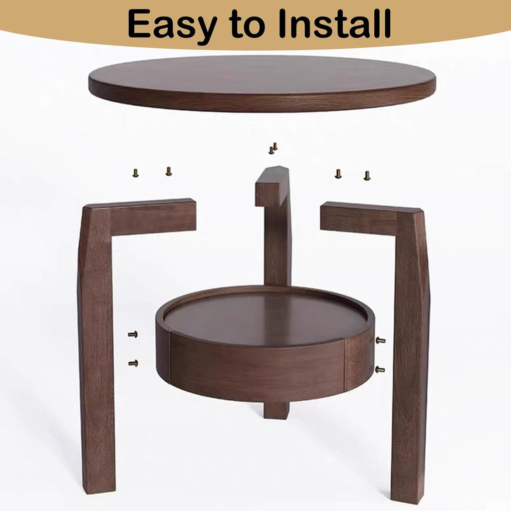 YUNMUAIR-Round Side Table with Drawer,2-Tier Vintage End Table with Storage,Natural Solid Wood Nightstand,19.69-inch Tall Side Tables,Mid-Century Modern End Tables for Living Room,Bedroom