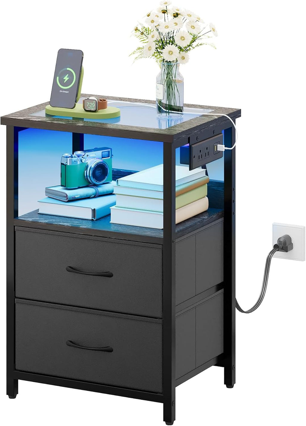 TOMNK End Table with Charging Station, Nightstand with Fabric Drawers, LED Light and Charging Station, Side Tables with USB Ports & Outlets, Night Stand with Storage Shelf, Black
