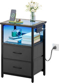 TOMNK End Table with Charging Station, Nightstand with Fabric Drawers, LED Light and Charging Station, Side Tables with USB Ports & Outlets, Night Stand with Storage Shelf, Black