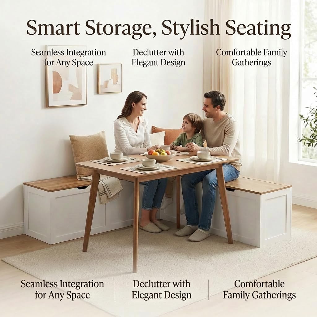 L Shape Kitchen Breakfast Nook Bench, Kitchen Corner Nook Bench Seating with Hidden Storage, Corner Dining Bench for Entryway. (White + Yellow)