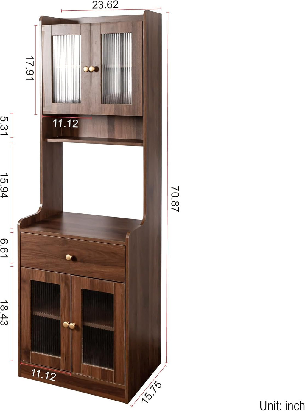 Runboll Tall Coffee Bar Cabinet with Hutch, Kitchen Pantry Cabinet with Microwave Stand, Farmhouse Storage Cabinet with Glass Doors & Drawers for Kitchen, Dining Room, Walnut