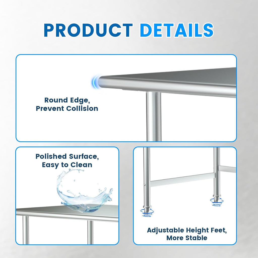 Treshin Open Base Stainless Steel Table 24" X 48" | Commercial Heavy Duty Prep & Work Table for Kitchen, Restaurant, Home, Hotel, Laundry
