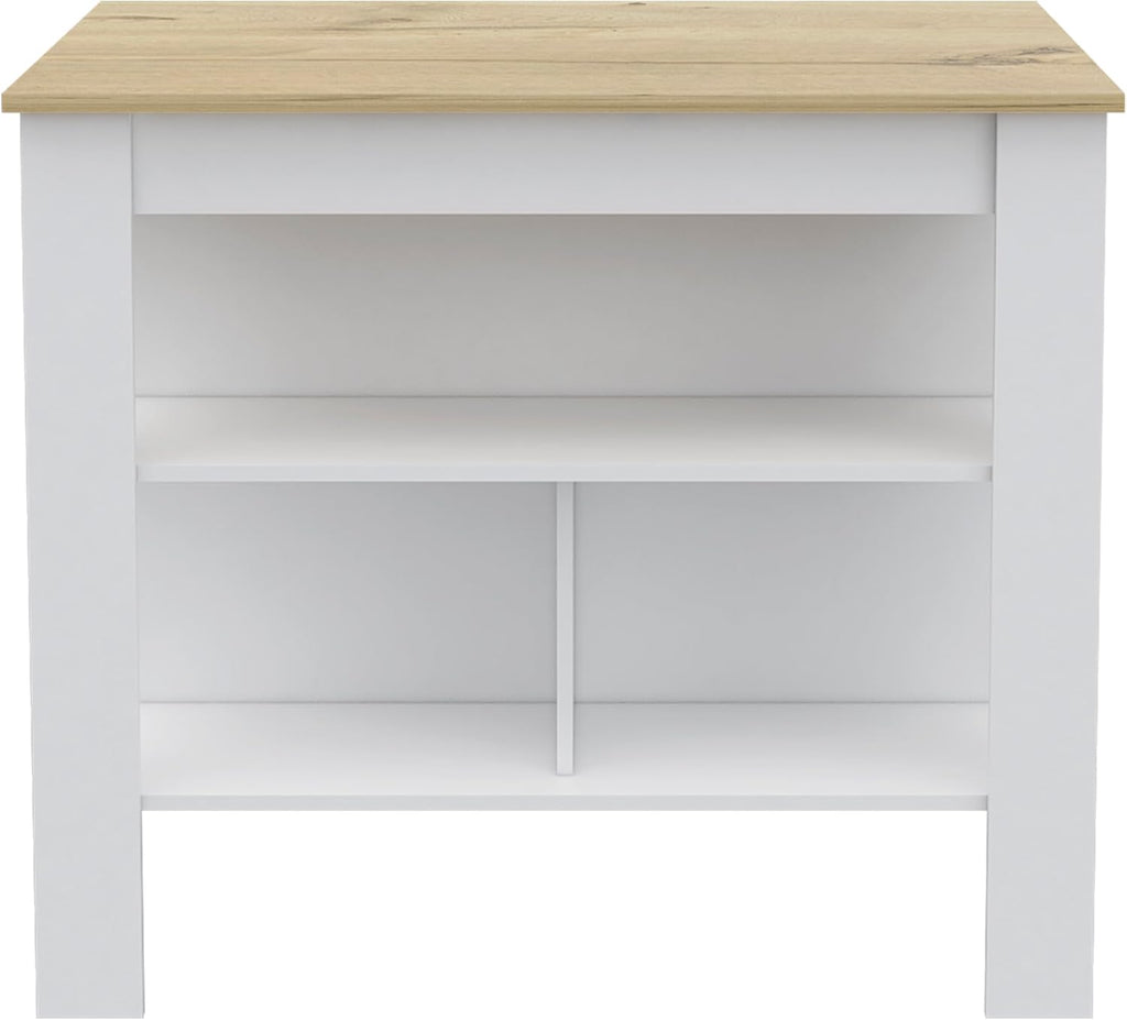 3-Shelf Kitchen Island White and Light Oak with Particle Board | Transitional kitchen island with 3 shelves and ample storage for meal prepping