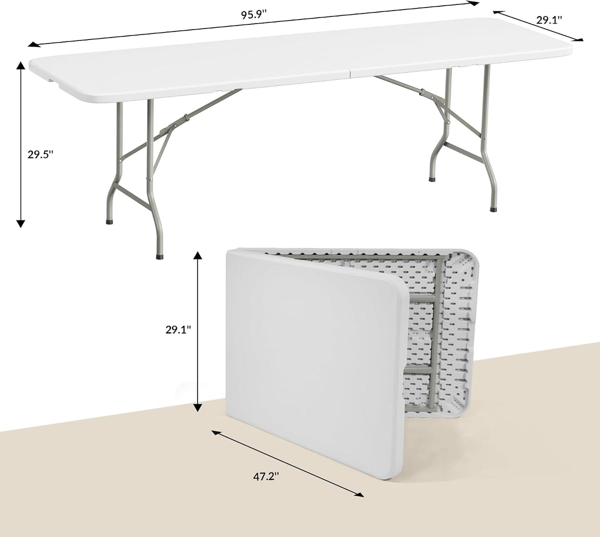 Simple Deluxe Foldable Table - Heavy Duty Portable Plastic Top & Steel Legs, Built-in Handle for Indoor Outdoor Party, Camping, Adjustable Height (22"/30"/36"), White 8FT