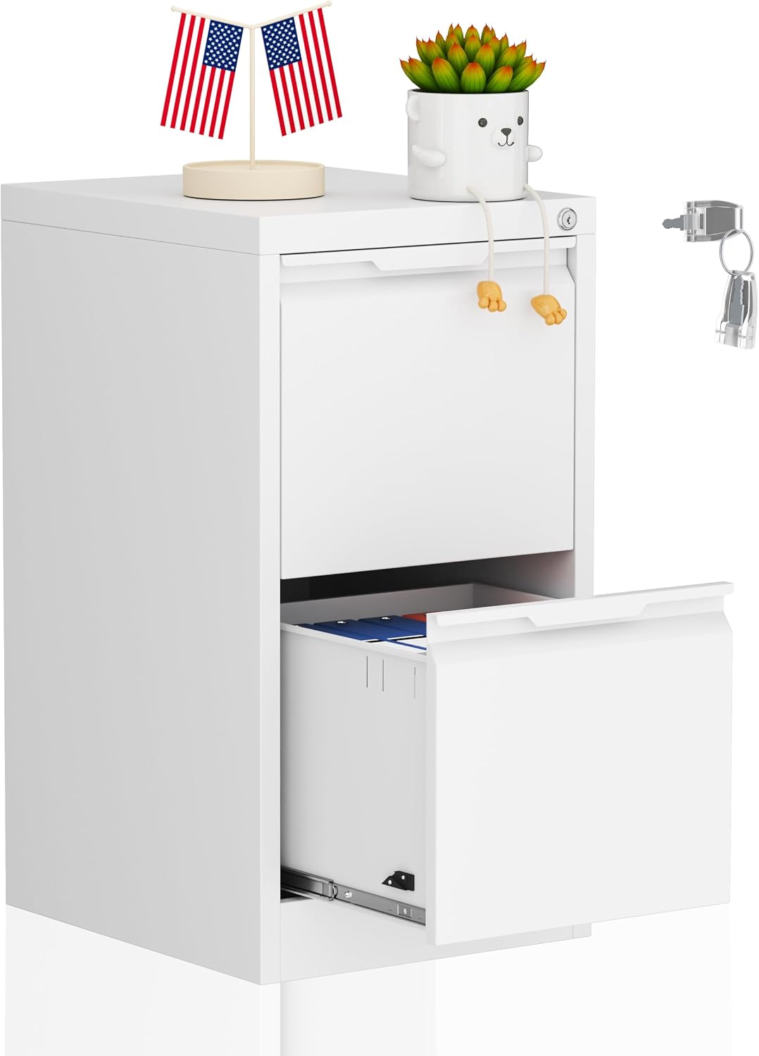 2 Drawer File Cabinet with Lock,Filing Cabinets for Home Office,Metal Small File Cabinet for Letters/Legal/A4 Size, Assembly Required,White 2 Drawer-15 W