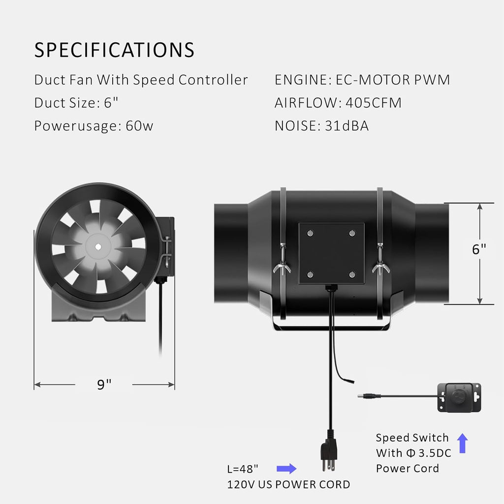 Toolazy Quiet 6" Inline Duct Fan 405 CFM Ventilation Exhaust Fan EC Motor and External 0-100% Variable Speed Controller for Heating Cooling Booster, Grow Tents, Hydroponics