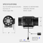 Toolazy Quiet 6" Inline Duct Fan 405 CFM Ventilation Exhaust Fan EC Motor and External 0-100% Variable Speed Controller for Heating Cooling Booster, Grow Tents, Hydroponics