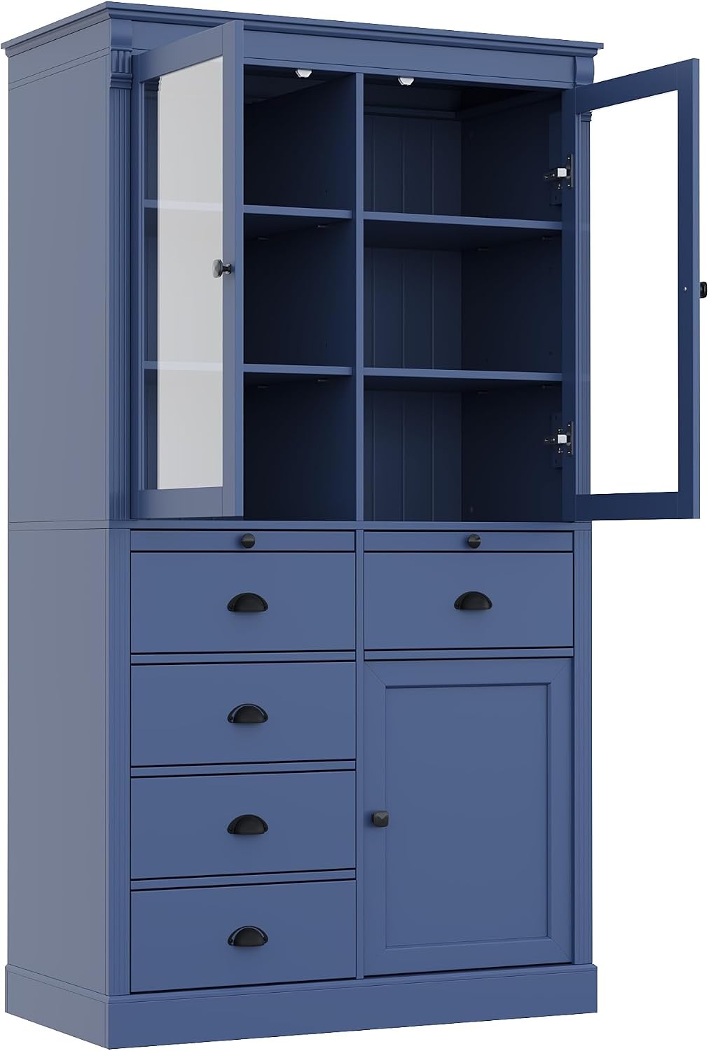Pantry Stotrage Cabinet with Glass Doors and Serving Trays, Wood Display Cabinet with Stotrage Drawers and Shelves for Kitchen, Dining Room (Blue)