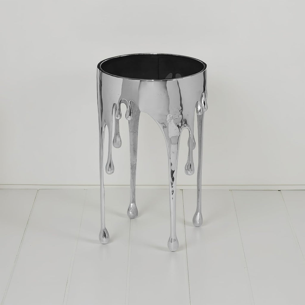 TUP THE URBAN PORT Capri Side End Table, 24.75 Inch Round Glass Top, Silver Finish, Melting Drip Design Base, Modern Glam Accent Table for Living Room, Bedroom and Home Decor Display
