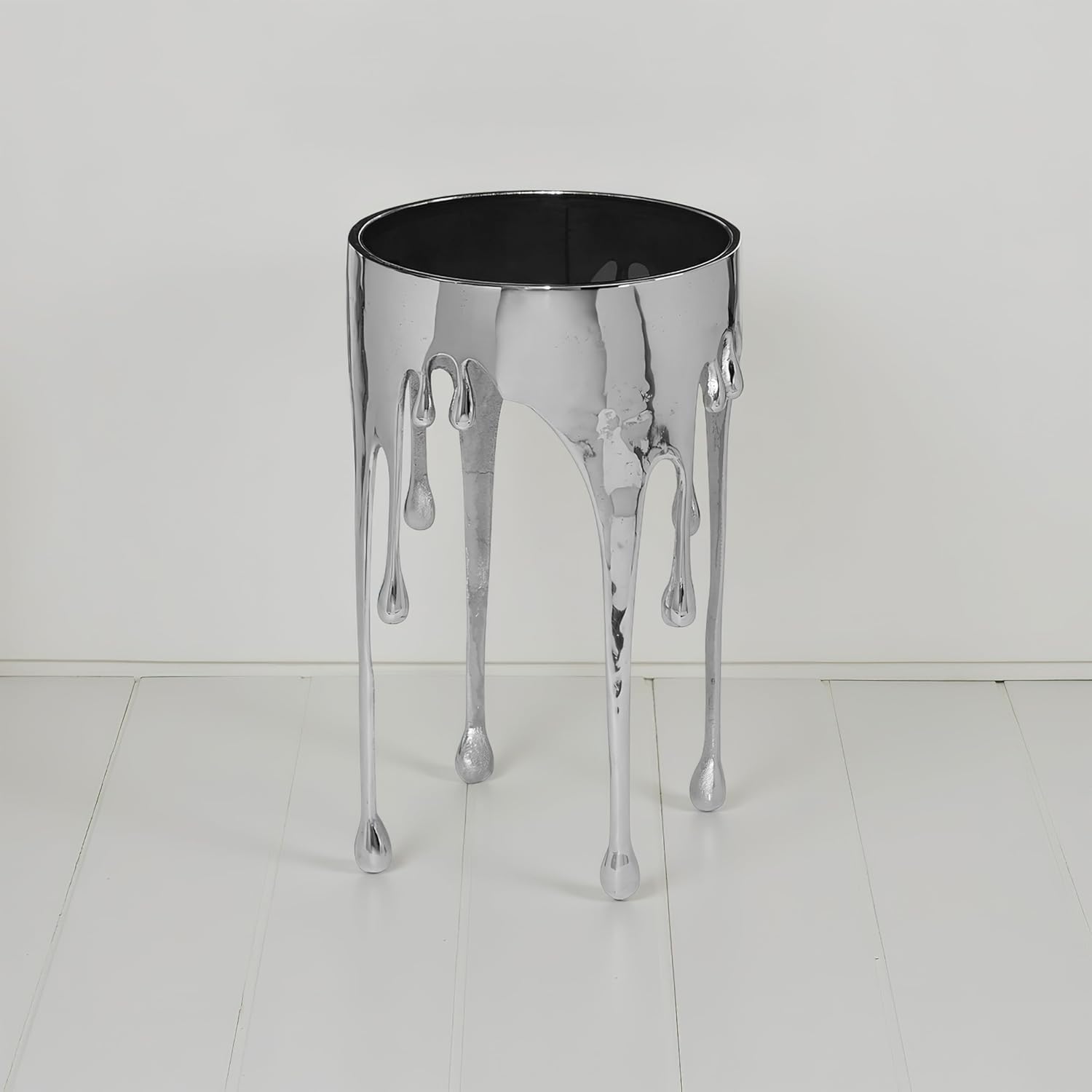 TUP THE URBAN PORT Capri Side End Table, 24.75 Inch Round Glass Top, Silver Finish, Melting Drip Design Base, Modern Glam Accent Table for Living Room, Bedroom and Home Decor Display