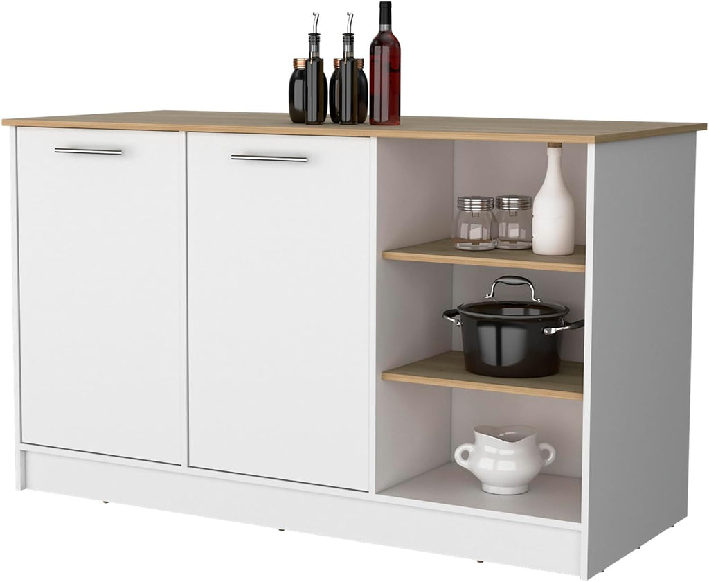 Melamine Kitchen Island with Two Doors and Three Open Shelves | two doors with internal shelves and three open storage shelves