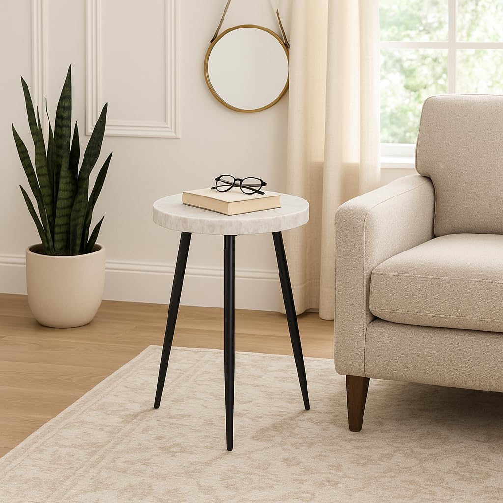 Classy Side Table, End Table, or Small Night Stand - Marble Accent Table with Three Slim Metal Legs Ideal for Small Spaces - Sleek Design for Home, Bedroom, and Living Room Decor - 21" White & Black
