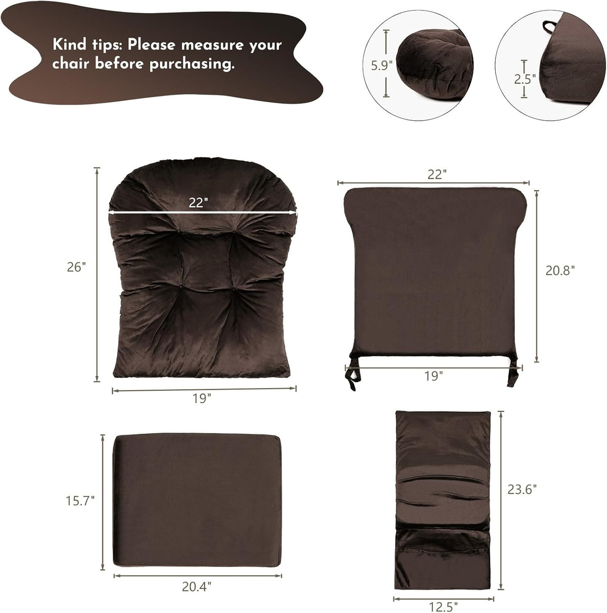 Lucky Monet 5Pcs Glider Rocker Replacement Cushions - Velvet Glider Cushions Replacement Set with Side Storage Pockets, Thick Glider Chair Cushions Washable & Non Slip, Cushion ONLY - Brown