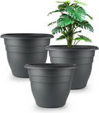 12 Inch Plant Pots, Large Planters for Outdoor Plants, Plastic Flower Pots - Durable and Lightweight with Drainage Holes (3 Packs, Gray)