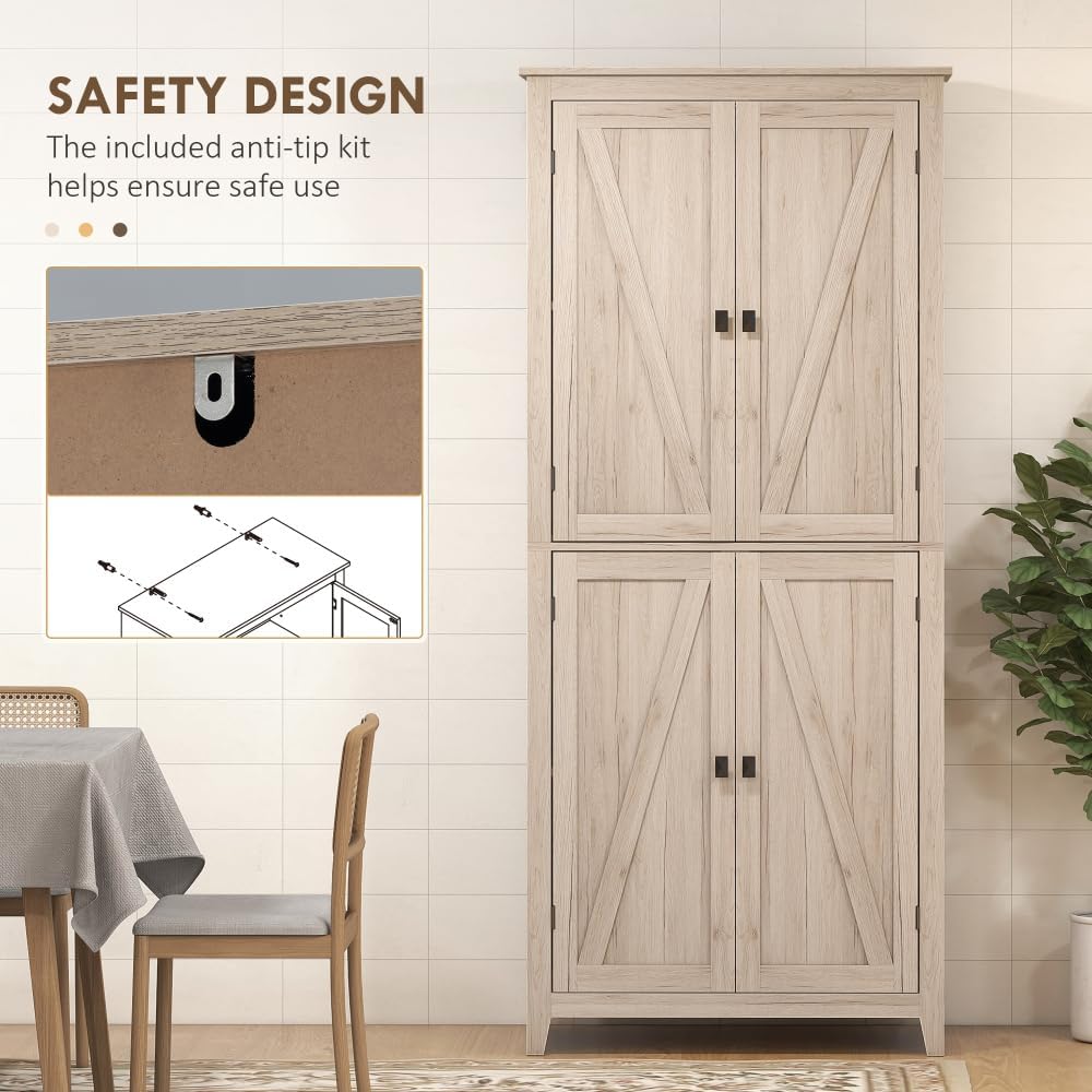 72" Freestanding 4-Door Kitchen Pantry, Storage Cabinet Organizer with 4-Tiers, and Adjustable Shelves, Natural