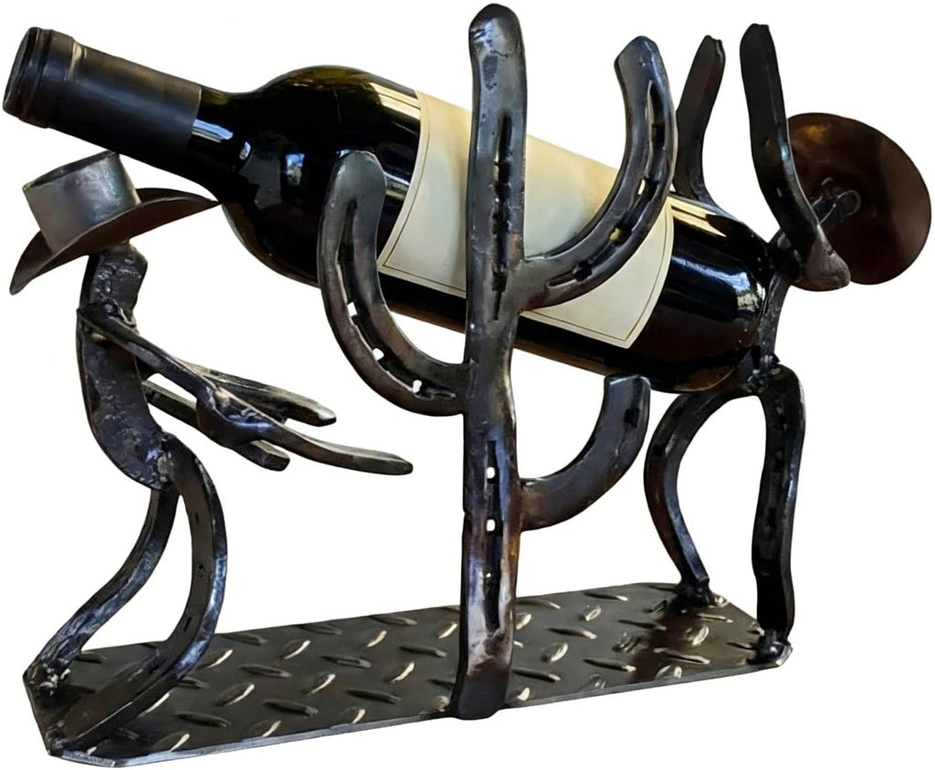 Cowboy Wine Bottle Holder Gift for Men - Heavy Duty Metal Cactus Wine Rack - Rustic Western Decor Countertop Stand - Unique Southwestern Sculpture for Bar, Kitchen, Office