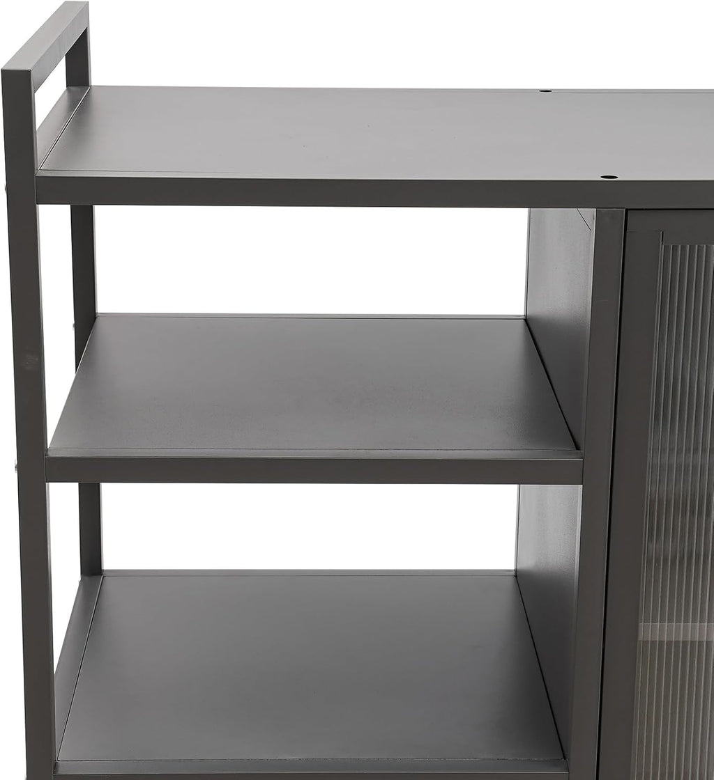 Kitchen Pantry Cabinet with Clear Doors, Metal Sideboard with Open Storage Shelf and Baskets Floor-Standing Organizer for Dining Room Living Room Bar