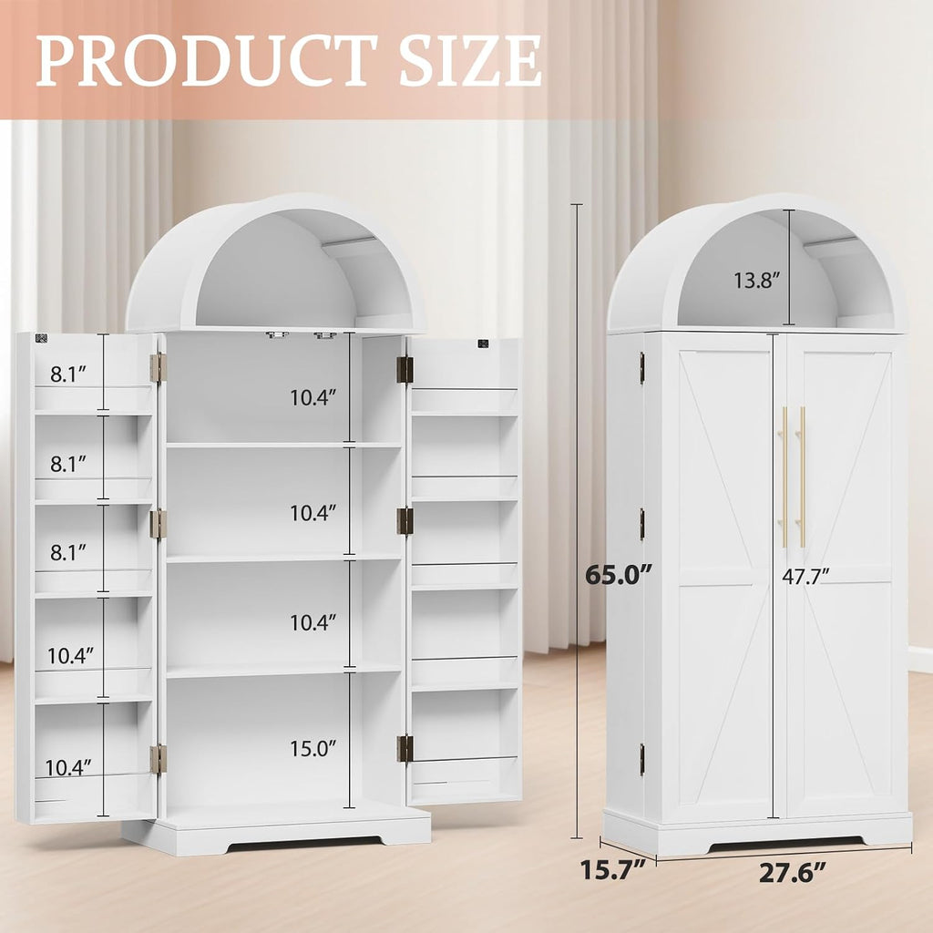 65" H Arched Kitchen Pantry, Modern Cupboard Storage Cabinet with 10 Side Storage Shelves & 3 Adjustable Shelves, Farmhouse Food Pantry Case for Living Room, Dining Room, White